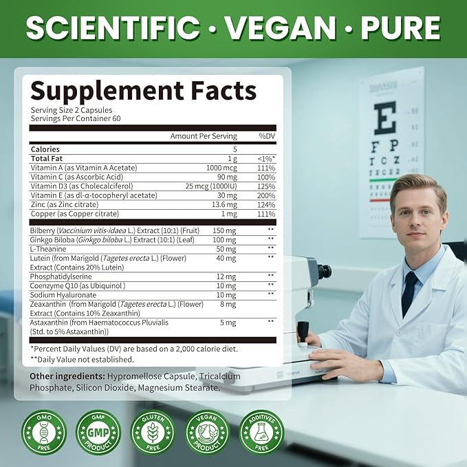 Lutein and Zeaxanthin Supplements - Advanced AREDS 2 Eye Vitamins - Bilberry Supplement for Eyes, with Astaxanthin, Ginkgo Biloba, Sodium Hyaluronate - for Eye Health & Brain Support, 120 Capsules