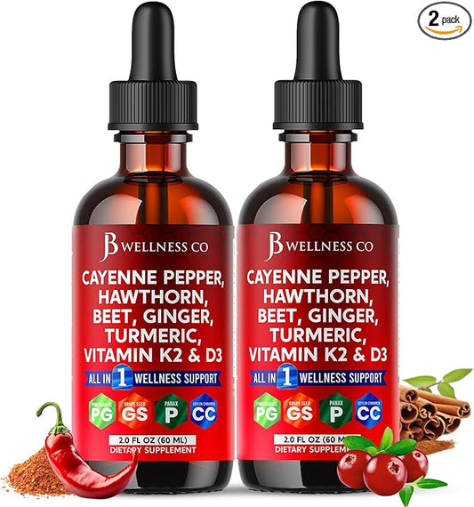 Cayenne Pepper Supplement Liquid Drops + Hawthorn Berry, Vitamin D3 K2 Beet Root Powder, Ceylon Cinnamon, Turmeric Curcumin, Organic Panax Ginseng - 4oz