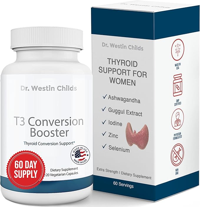 Dr. Westin Childs - T3 Conversion Booster - Thyroid Support for Women with Hypothyroidism & Hashimoto’s - Iodine, Ashwagandha, Guggul Extract, Selenium & Zinc Complex - 60 Servings