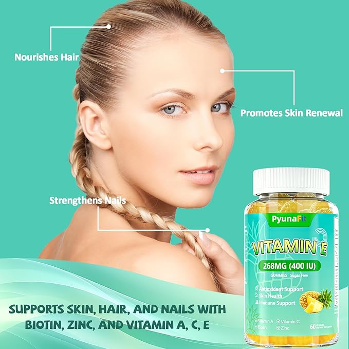 Vitamin E 400 IU Gummies for Women, Vitamin E Chewable Supplement with VIT A, C, Biotin, Zinc, Powerful Antioxidant, Skin & Hair Health, 60 Count