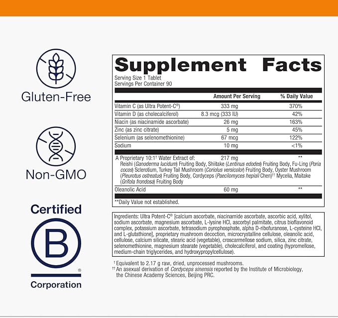 Metagenics ImmuCore, Multidimensional Support Supplement for Healthy Immune Function with Vitamin C, Vitamin D, Zinc and a Blend of Mushroom Extracts - 90 Tablets