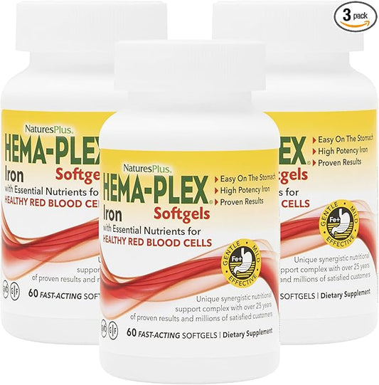 NaturesPlus Hema-Plex Iron - 60 Fast-Acting Softgels - 3 Pack - 85 mg Iron + Vitamin C & Bioflavonoids for Healthy Red Blood Cells - Gluten Free - 60 Total Servings