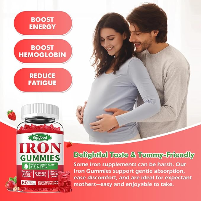 2 Pack Iron Gummies for Women & Men - Vegan Iron Supplement for Anemia & Iron Deficiency, with Vitamin B12, Vitamin C, Zinc, Folate - Energy Boost, Sugar-Free, Strawberry Flavor, 120 Count