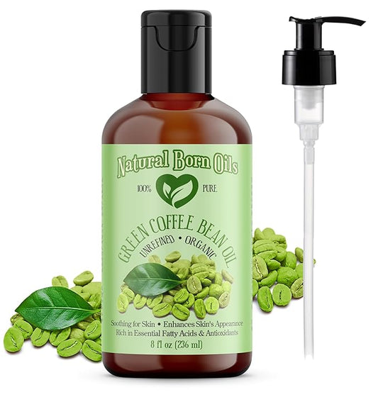 Natural Born Oils Green Coffee Bean Oil, 8oz, Organic, Cold-Pressed, Nutrient-Rich, Skin Elasticity Booster, Hair Nourisher