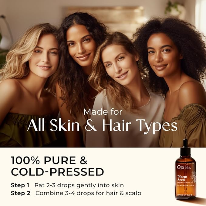 Gya Labs Organic Neem Oil for Skin - 100% Pure Natural Unrefined Neem Carrier Oil for Hair, Nails, Body Lotions, Spray & Shampoo - Soothing & Nourishing (3.4 Fl Oz)