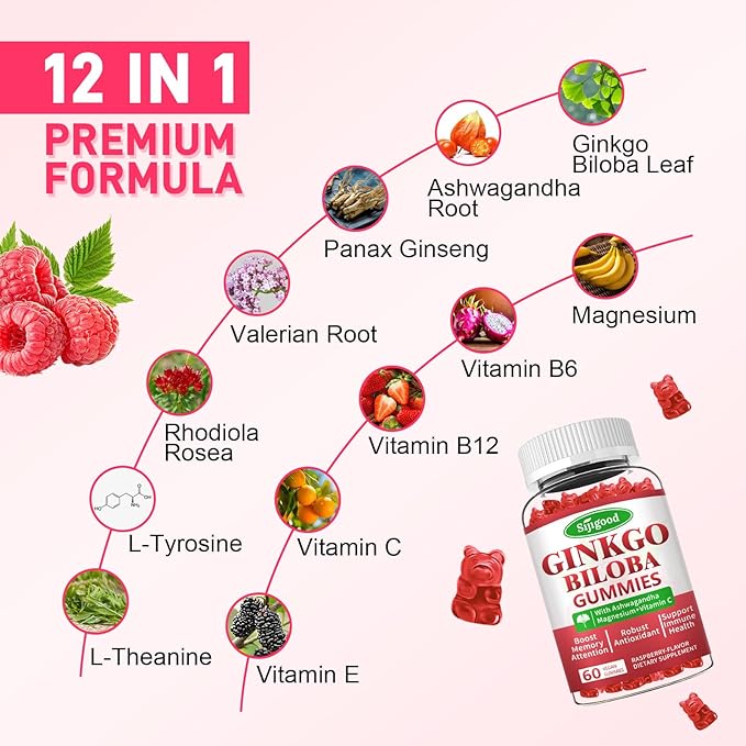 2 Pack Ginkgo Biloba Gummies with Panax Ginseng and Magnesium, Ginkgo Biloba Supplements for Focus, Memory, and Brain Health for Adults & Kids, Vegan Raspberry Flavor Gummies, 120 Count