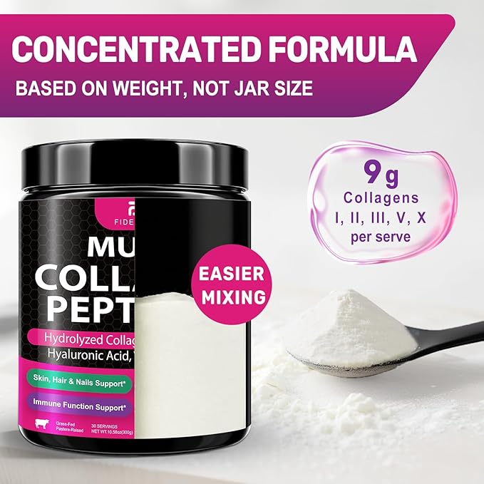 Multi Collagen Peptides Powder – Hydrolyzed Collagen Type I, II, III, V, X with Hyaluronic Acid, Vitamin C, Biotin, Supports Skin Hair Nail & Joint, Grass-Fed, Non-GMO, Unflavored, 30 Servings