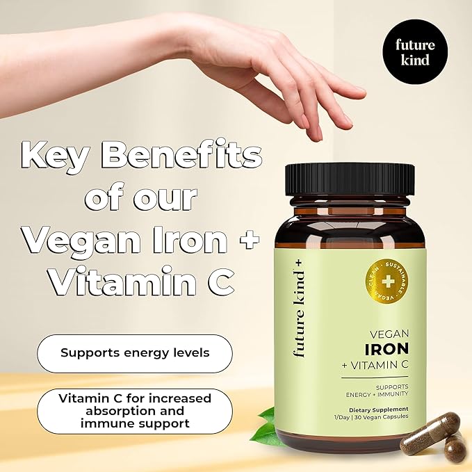 Future Kind Vegan Iron Supplement for Men & Women with Vitamin C for Energy, Focus and Immunity Support - 30-Day Supply, One Capsule a Day (30ct in Glass Bottle)