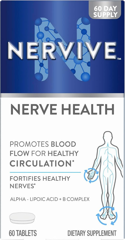 Nervive Nerve Health, with Alpha Lipoic Acid, to Fortify Nerve Health and Support Healthy Nerve Function in Fingers, Hands, Toes, & Feet*, ALA, Vitamins B12, B6, & B1, 60 Tablets