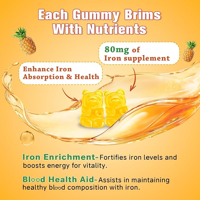 2 Pack Iron Gummies for Women & Men - Vegan Iron Supplement for Anemia & Iron Deficiency, with Vitamin B12, Vitamin C, Zinc, Folate - Energy Boost, Sugar-Free, Pineapple Flavor, 120 Count
