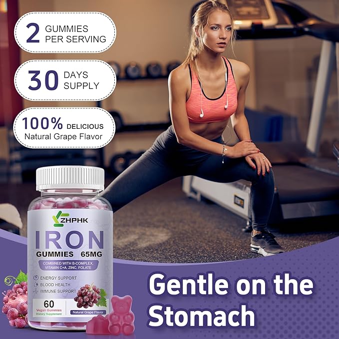 Vegan Iron Supplement 65mg, Iron Gummies for Women and Men with Vitamin C 250mg, Vitamin A, B-Complex, Biotin, Zinc & Folate, Folate for Energy Boost, Immune Health, 120 Count