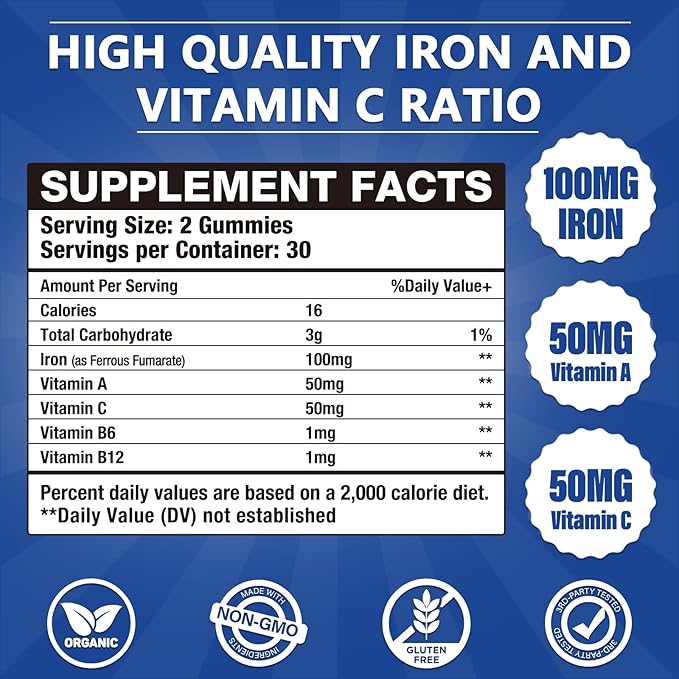2 Pack 100MG Iron Supplements Gummies for Women & Men - Vitamin C, A, B12 - Complex, Improve Absorption, Energy Boost, Iron Deficiency, Anemia for Adults & Kids - Complex Folate, Zinc, 120Cts