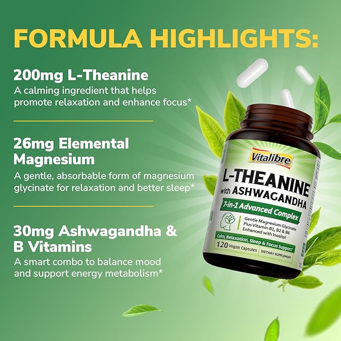 L-Theanine 200mg Supplement, Magnesium Glycinate, Ashwagandha, Inositol, Vitamin B1 B2 B6, No Gluten, Calm, Relaxation, Focus, Cognitive Function, 120 Vegan Caps