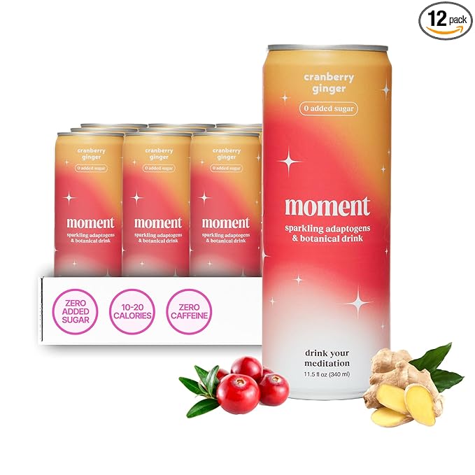 Moment Botanical Soda Soft Drink (Shark Tank) - SPARKLING Non Alcoholic Drinks | Cranberry Ginger | L-Theanine & Ashwagandha for Calm & Clarity | 0 Added Sugar 0 Caffeine | 12-pack