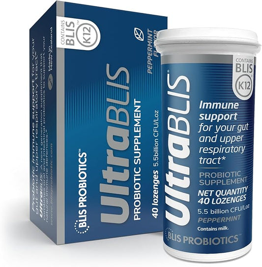 BLIS UltraBLIS Probiotic Immune Support Supplement-Powerful Combination of Gut & Oral Probiotics for Daily Immunity Support, Scientifically Tested Bacterial Strains Includes K12. 40 Lozenges.