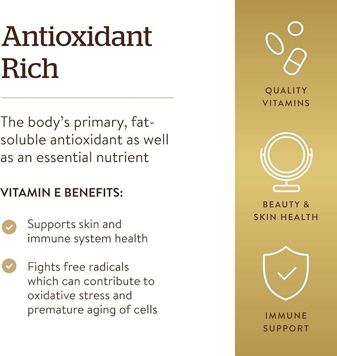 Solgar Vitamin E 200 IU Alpha, 100 Softgels - Antioxidant, Healthy Aging, Healthy Skin, Immune System Support - Natural Source Vitamin E - Gluten Free, Dairy Free - 100 Servings