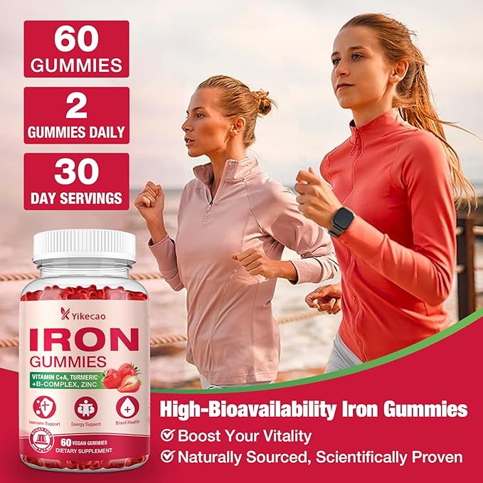 2 Pack Vegan Iron Gummies, Iron Supplement for Women & Men, with Vitamin C, A, B-Complex, Folate, Zinc, and Biotin, Strawberry Flavor, 120 Count