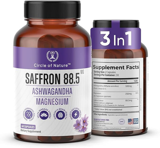 Saffron Supplement 88.5 mg with Ashwagandha & Magnesium Glycinate, Mood, Eye Health & Relaxation, 60 Clean Capsules, Saffron Stigma Extract, Made in USA