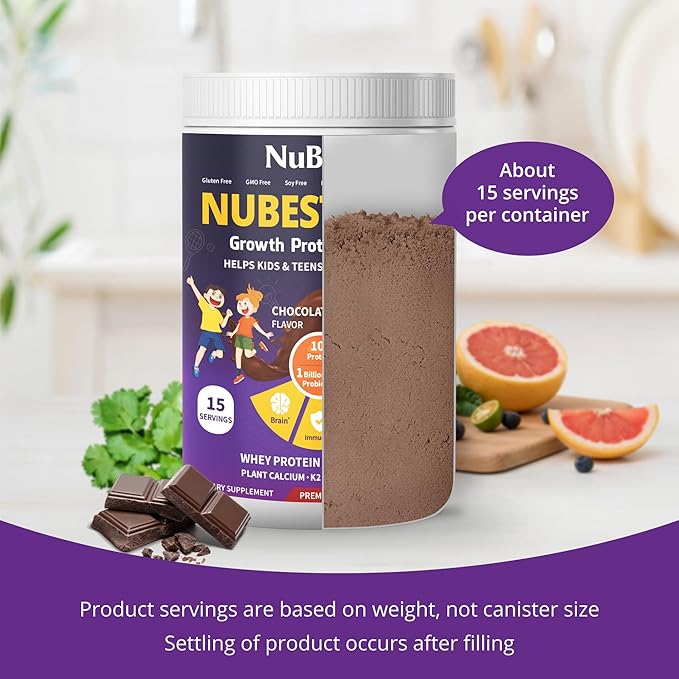 NuBest Tall Protein Powder for Kids & Teens - Whey Protein Powder - Chocolate Protein Powder Shake with Probiotics, Omega 3-6-9, Vitamin D3 + K2, Calcium, Vitamin - 15 Servings | 2 Week Supply