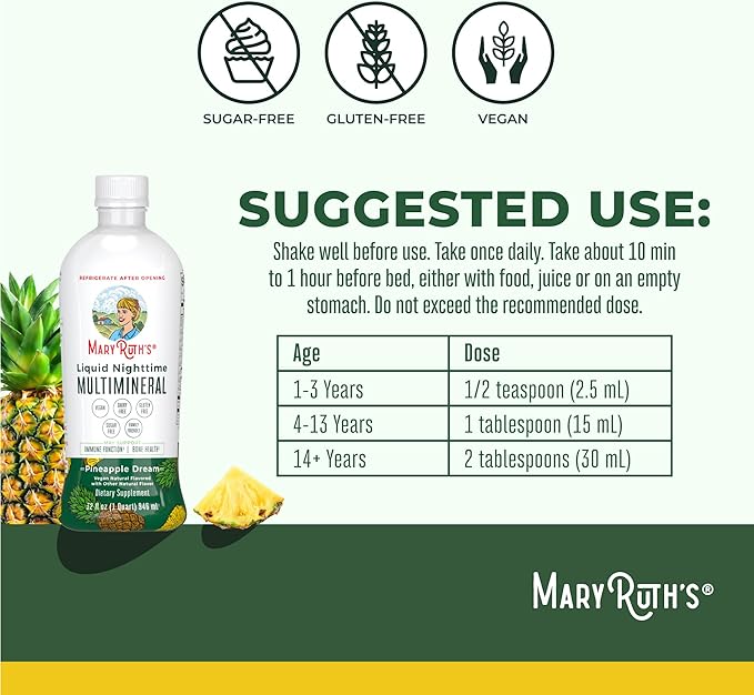 MaryRuth Organics Liquid Nighttime Multimineral | NO Melatonin | Magnesium Citrate | Calcium | Zinc | Vitamin D3| Available in 4 Flavors | Vegan | Sugar Free | Gluten Free | 32 Oz