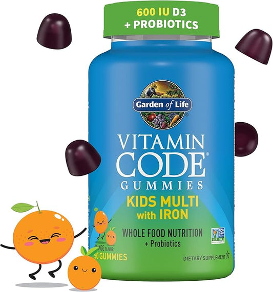 Kids Multivitamin Gummy with Iron + Probiotics for Immune Health & Digestion: Vitamins D, C, E, B, Zinc for Energy & Development, Vitamin Code, Non-GMO, Gluten-Free, 90 Orange Gummies, 30 Day Supply