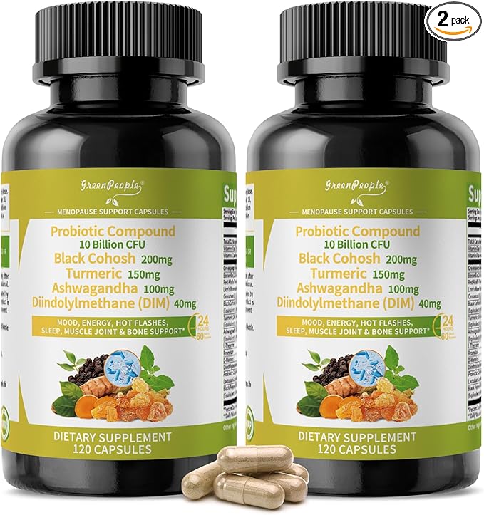 Menopause Supplements for Women - Black Cohosh & Ashwagandha for Hot Flashes, Night Sweats, Mood Swings, Hormonal Balance Support,10 Billion CFU Probiotic - 120(2 Packs) Capsules Vegan