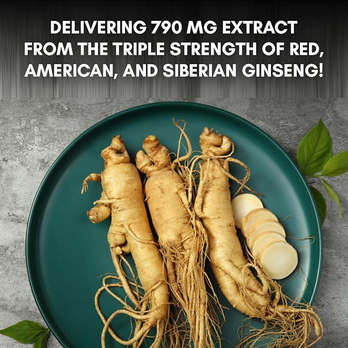 Pure Nutrition Triple Ginseng - an Unique and Effective Combination of Red Ginseng, American Ginseng and Siberian Ginseng. 790mg per Capsule | 60 Veg Caps Pack