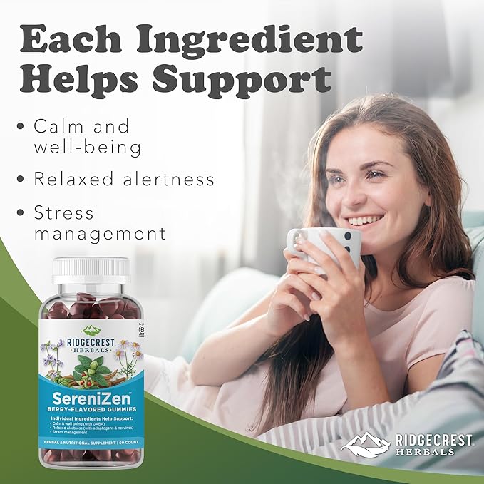 RidgeCrest Herbals SereniZen Gummies with Ashwagandha, GABA, L-Theanine, Chamomile & Lemon Balm, Supports Relaxation & Calm, Stress Management, Sleep. Daily Health Supplement, 60 Ct, 1-2 Month Supply