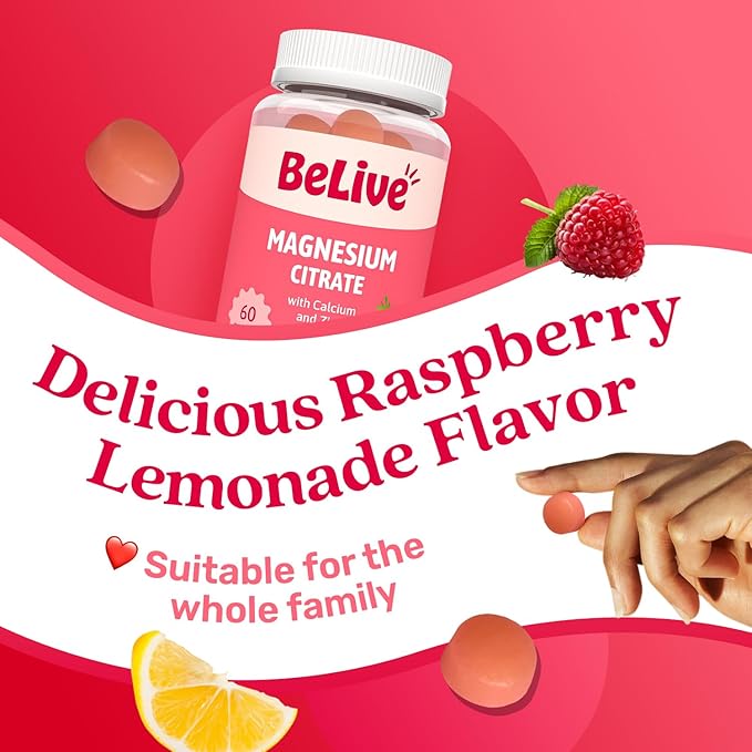 BeLive Magnesium Citrate Gummies with Calcium and Zinc for Adults and Kids - High Absorption Magnesium Supplement for Cognitive, Bone, Muscle and Nerve Health - Raspberry Lemonade - 60 Count