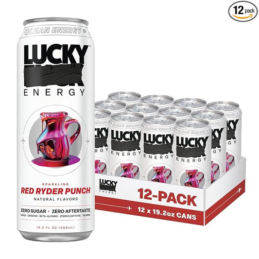 Lucky Energy Sugar Free Energy Drinks 19.2 Fl Oz Cans (Pack of 12) Healthy Energy Drink. Red Ryder Punch with Maca, Ginseng, Taurine, Beta-Alanine, 200mg Caffeine (Packaging May Vary)