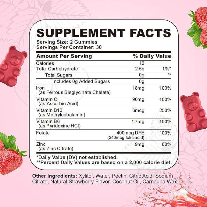 2 Pack Iron Gummies with Multivitamin, Iron Supplement for Women & Men with Folate, Zinc & Vitamin C, B12, B6 for Adults & Kids - Blood Builder & Energy Support for Iron Deficiency - 120 Gummies