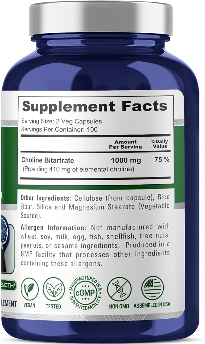 NusaPure Choline Bitartrate 1000 mg 200 Veggie Capsules (Vegan Vegetarian, Non-GMO)