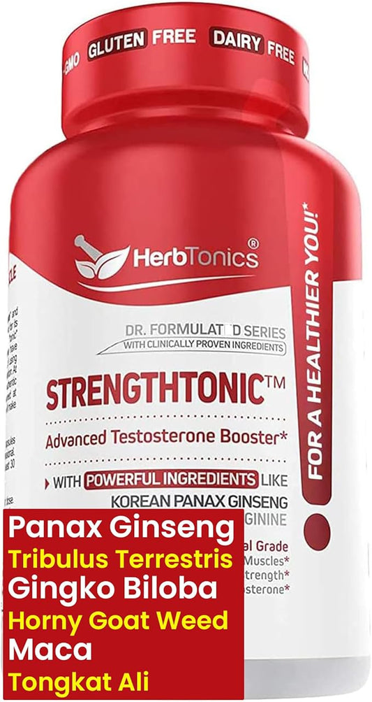 Herbtonics Testosterone Support Supplement for Men - Korean Panax Ginseng & Tribulus Terrestris - Supports Healthy Energy, Strength & Stamina - 60 Vegan Capsules