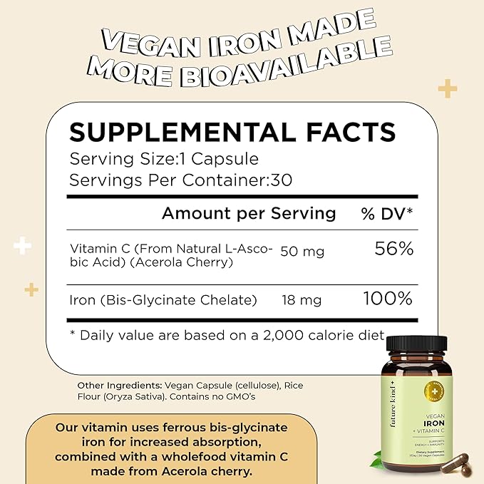 Future Kind Vegan Iron Supplement for Men & Women with Vitamin C for Energy, Focus and Immunity Support - 30-Day Supply, One Capsule a Day (30ct in Glass Bottle)