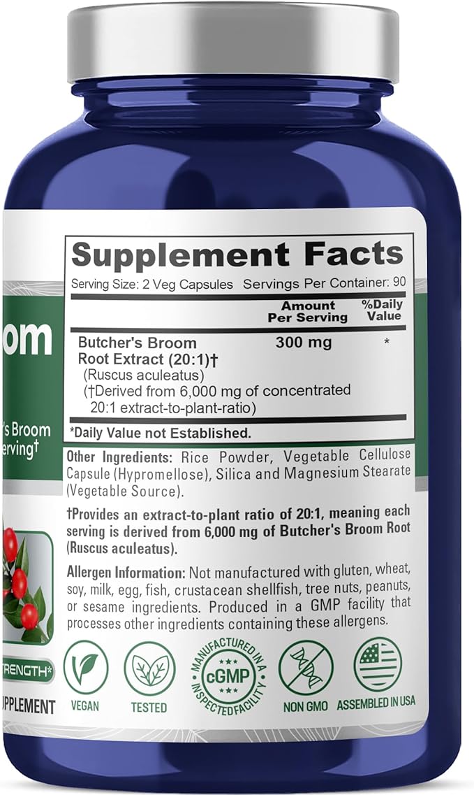 NusaPure Butcher's Broom Root 20:1 Extract, 300 mg Equivalent to 6,000 mg Veggie Caps 180 Count (Non-GMO, Vegan)