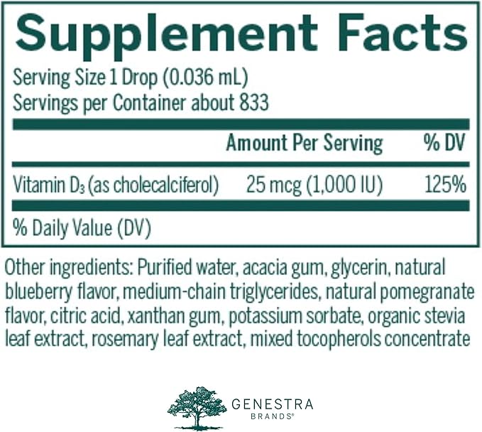 Genestra Brands D-Mulsion 1000 - Liquid Vitamin D Supplement - Natural Berry Flavor - 1 Fl Oz
