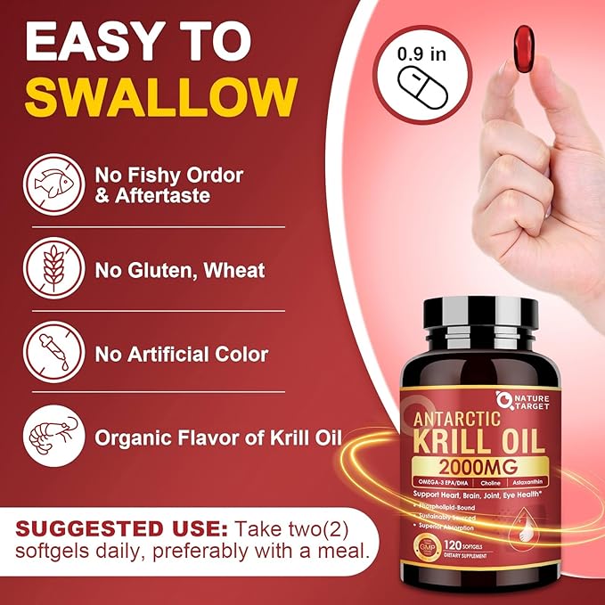 NATURE TARGET Krill Oil 2000 mg with Omega-3 EPA & DHA with Astaxanthin Supplement, Choline - Supports Heart, Brain, Join, Eye Health, Non-GMO, Gluten Free, 120 Softgels (60 Servings)