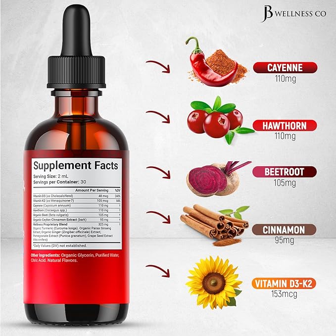 Cayenne Pepper Supplement Liquid Drops + Hawthorn Berry, Vitamin D3 K2 Beet Root Powder, Ceylon Cinnamon, Turmeric Curcumin, Organic Panax Ginseng - 6oz