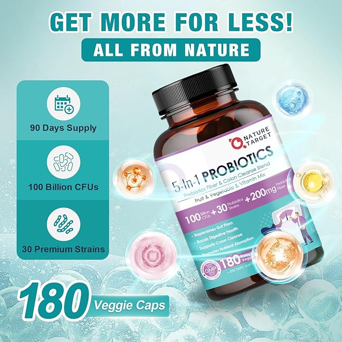 NATURE TARGET Probiotics for Women-Men Digestive Health, Mens-Womens Probiotic with Prebiotics, 100 Billion CFUs for Gut and Immune Health, 180 Veggie Capsules (90 Days Supply)