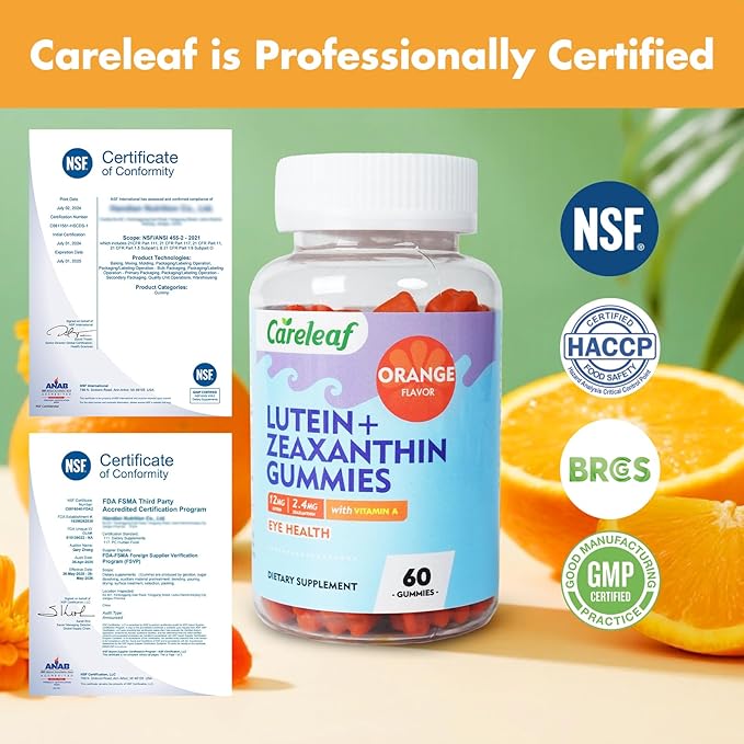 Vegan Lutein Gummies 12mg with Zeaxanthin and Vitamin A for Kids and Adults for Eye Health and Brain Function Supplement Orange Flavor
