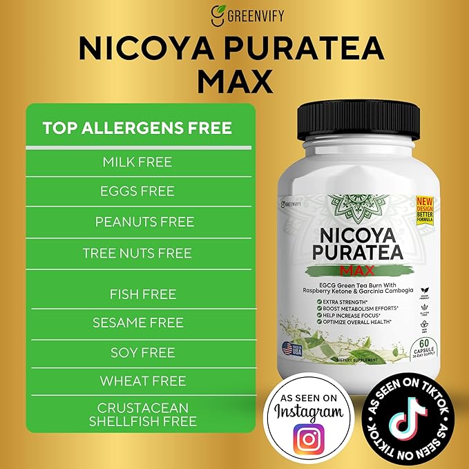 Nicoya PuraTea Max Green Tea Extract & Green Coffee Bean for Metabolism Support, Natural Energy Boost, Antioxidant-Rich Supplement – 60 Capsules