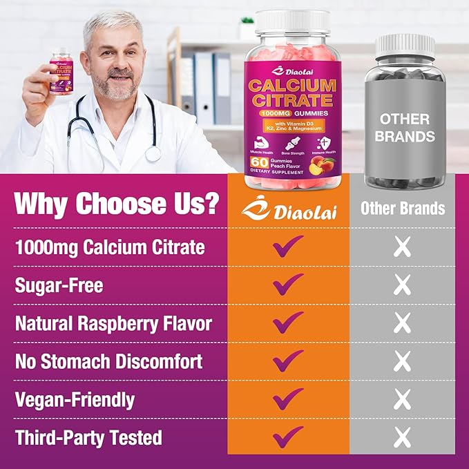 Calcium Citrate Gummies - 1000mg per Serving - Supports Bone & Teeth Health with Vitamin D3 & K2 - Delicious Peach Flavor - Non-GMO, Gluten-Free - 60 Gummies