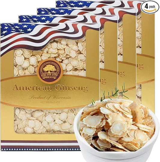 4 Boxes of American Ginseng Slices from Wisconsin,American Wisconsin Ginseng Slices Root for Tea, Energy for Men Women Mental Health Boosts Immunity, Gluten Free 花旗參, Small Round,16oz