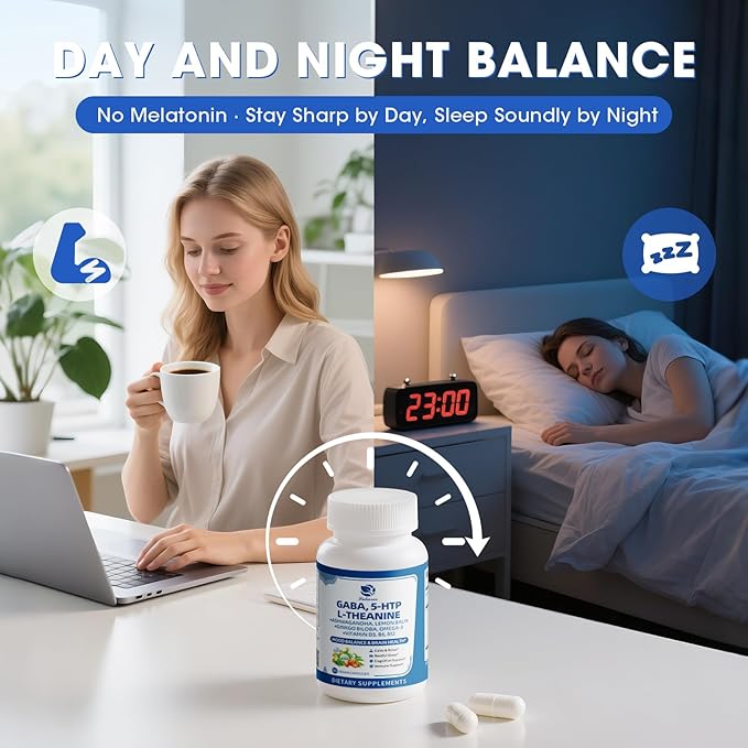 GABA Supplements 750mg with L Theanine, 5HTP, Ashwagandha, Lemon Balm, Ginkgo Biloba, Omega-3, 10 in 1 GABA Calm Capsules for Sleep, Relaxation, Focus, Mood Support, Cortisol Balance - 2 Pack