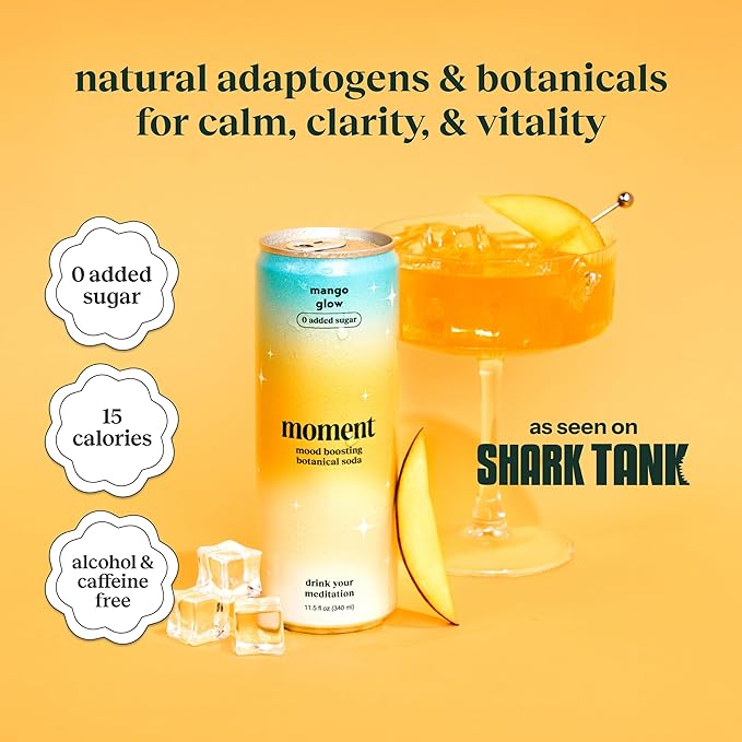 Moment Botanical Soda Soft Drink (Shark Tank) - SPARKLING Drinks | Mango Glow | L-Theanine & Ashwagandha for Calm & Clarity | 0 Added Sugar 0 Caffeine | 12-pack