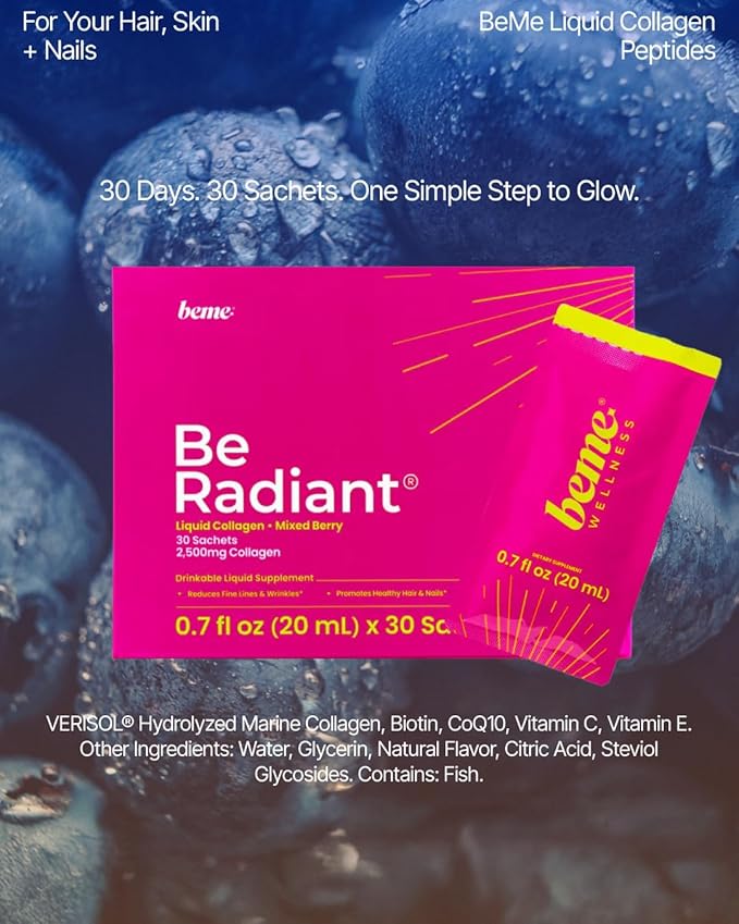 BeMe BeRadiant Liquid Collagen Peptide for Hair, Skin & Nails with 2X Faster Absorption – Clinically Tested – 2500mg Verisol Hydrolyzed Collagen Supplements for Women with Biotin, CoQ10 & Vitamin C