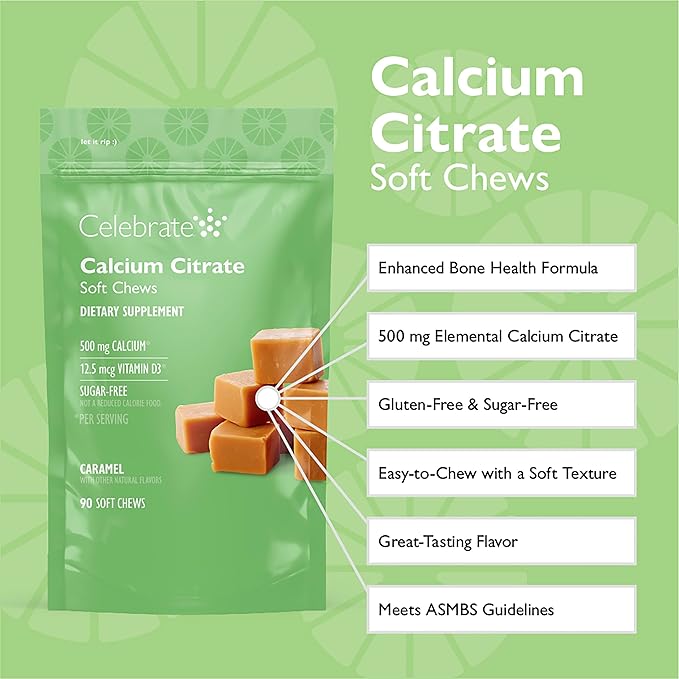 Celebrate Vitamins Bariatric 500mg Calcium Citrate Soft Chews with 500 IU Vitamin D3 – Essential for Gastric Bypass Patients & Bone Health - Sugar & Gluten Free, Caramel (90 Chews)