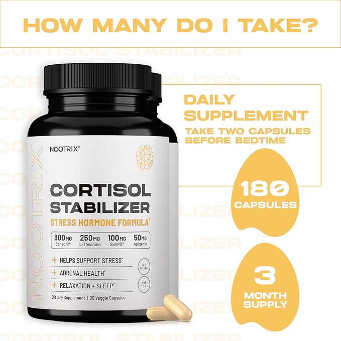 Cortisol Manager & Stabilizer Supplement | Supports Deep Sleep, Relaxation, Adrenal Health & Stress | 300mg Ashwagandha | L-Theanine, Rhodiola Rosea Extract & Apigenin | 180 Capsules