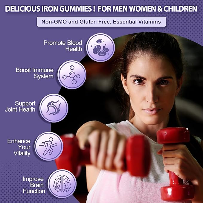 Vegan Iron Supplement 65mg, Iron Gummies for Women and Men with Vitamin C 250mg, Vitamin A, B-Complex, Biotin, Zinc & Folate, Folate for Energy Boost, Immune Health, 120 Count