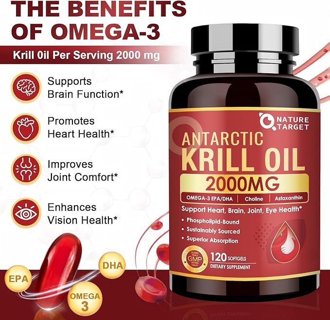 NATURE TARGET Krill Oil 2000 mg with Omega-3 EPA & DHA with Astaxanthin Supplement, Choline - Supports Heart, Brain, Join, Eye Health, Non-GMO, Gluten Free, 120 Softgels (60 Servings)